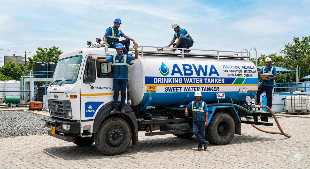 Abwa crew filling a branded drinking-water tanker